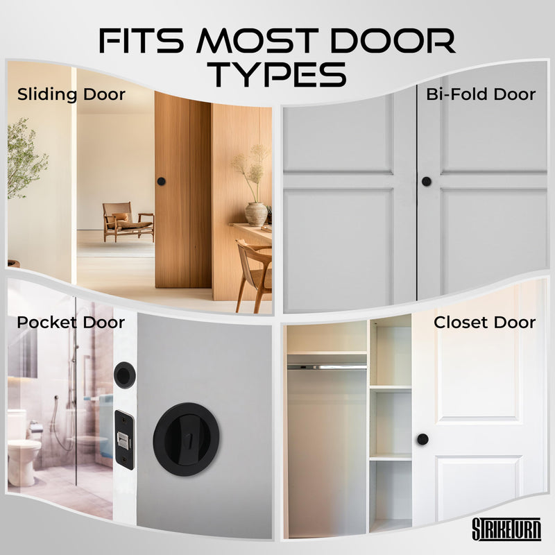 Premium Black Pocket Door Hardware - Round Pocket Door Lock - Ergonomic Matte Black Door Handle with Pocket Door Pull - Reversible Pocket Door Latch for Safety