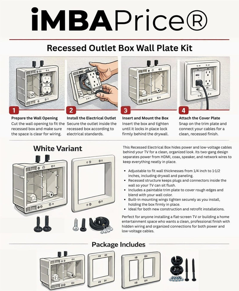 iMBAPrice IMBA-TVBU505K Recessed TV Outlet Box, 2-Gang Power & Low Voltage Cable Management with Receptacle & Brush Plate for Flush Wall-Mounted TVs, White