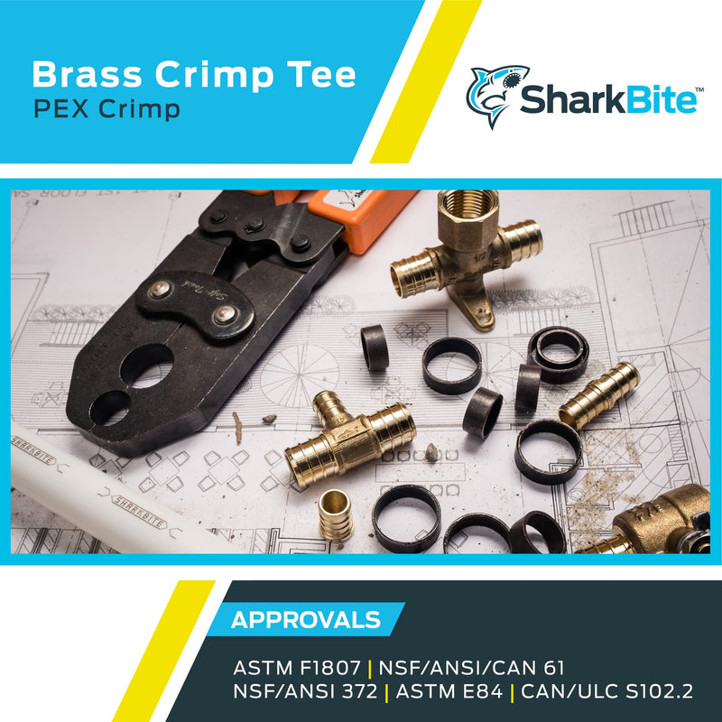 SharkBite 1 Inch Crimp Tee, Pack of 10, Brass Plumbing Fitting, PEX Pipe, PE-RT, UC374LF 1 in., 10 pack