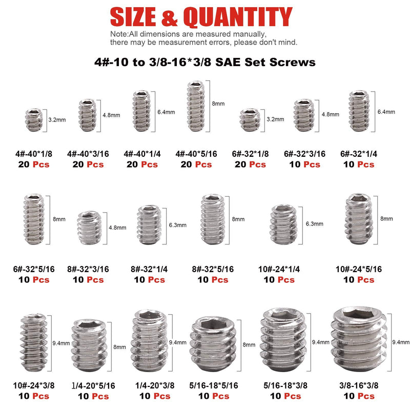 Hilitchi 240Pcs 19Sizes SAE Stainless Hex Allen Head Socket Set Screws Grub Screw Bolts Assortment Kit Internal Hex Drive Cup-Point Screws with 7 Hex Wrenches Silver - SAE - 240pcs