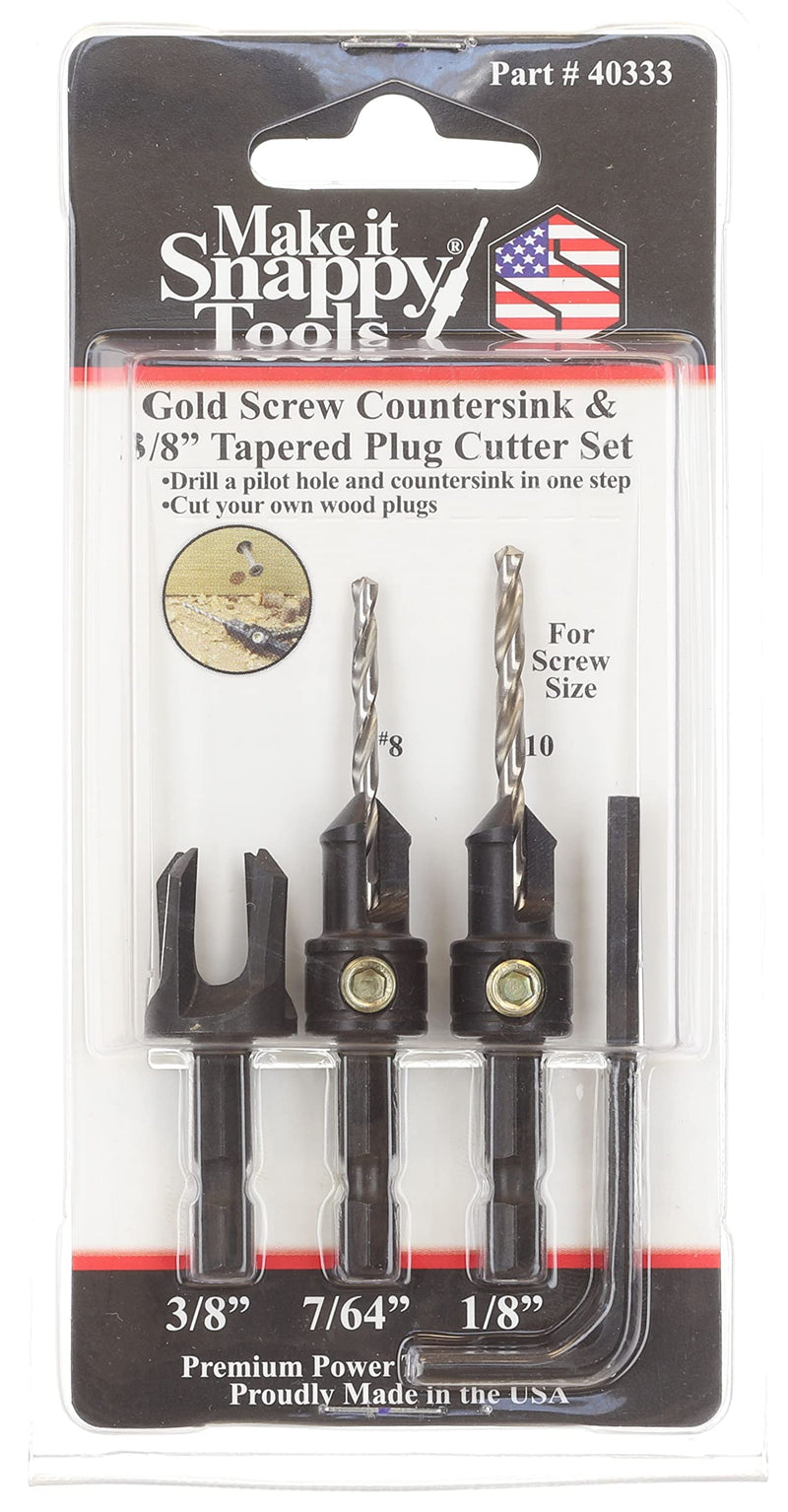 Make it Snappy Tools Quick-Change 2-Pc. Countersink Drill Bit Set with 3/8 Plug Cutter. Proudly Made in The USA.