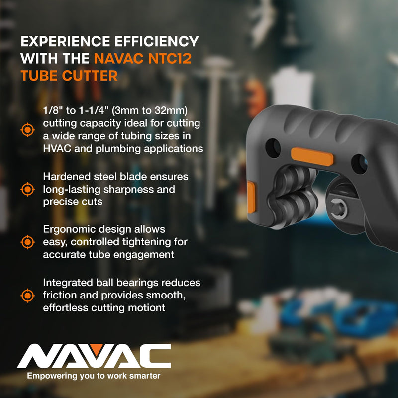 NAVAC NTC12 Tube Cutter | 1/8" to 1-1/4" Outside Diameter | 2 Sharp Cutting Blades | Ball Bearing Feature | Aluminum Alloy Copper Tube Cutter | 1 Year Warranty 1-1/4 Max OD