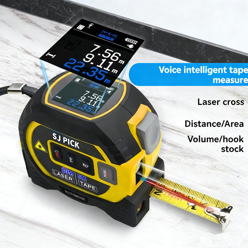 Voice Intelligent Tools Tape Measure 3-in-1 Laser Digital Measuring Tape Ruler-LCD Backlight 5M/16Ft Tape & Laser 80m/262Ft Rangefinder,Crosshairs Markings,Data Storage (Yellow, 80m/262ft) Yellow