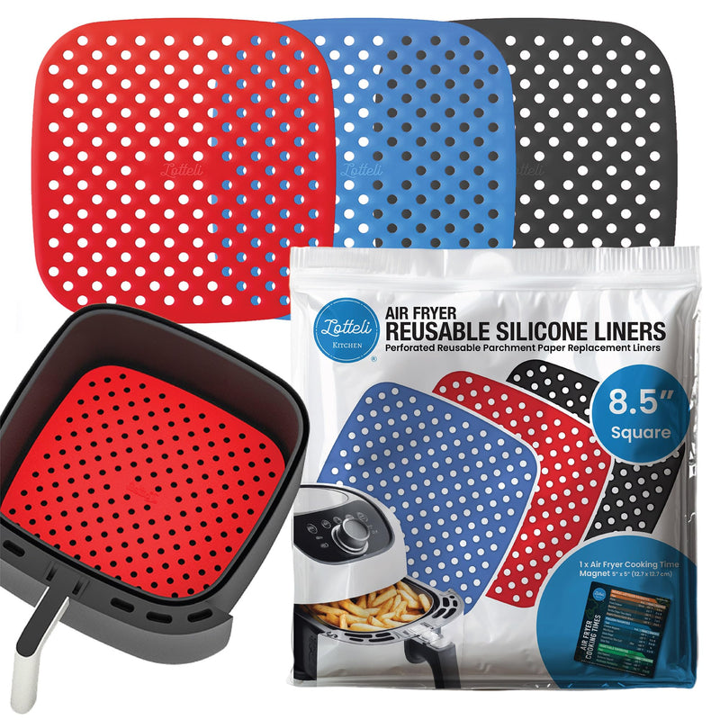 Reusable Air Fryer Liners 3 Pack for 5QT or Bigger - 8.5" Square Silicone Airfryer Liner - Easy to Clean Air Fryer Accessories - Durable Dishwasher Safe Non-Stick Parchment Paper Replacement Square 8.5"
