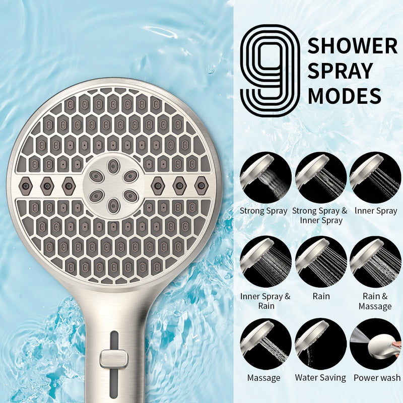 Shower Head, High Pressure 9-Spray Modes Handheld Showerhead, 71" Long Hose Hand Held Shower, Brushed Nickel Shower Head With Wall Bracket & Power Wash