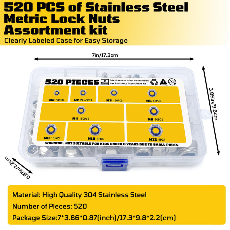 520 Pcs Metric Nylon Insert Locknuts Assortment Kit,M2 M2.5 M3 M4 M5 M6 M8 M10 M12 Nylock Nuts Sets,304 Stainless Steel Standard Threaded Hex Nut Nylock Nut Sets