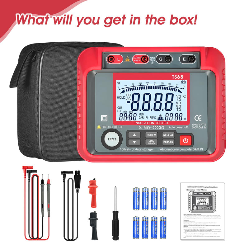 Megohmmeter, 250V-2500V Output Voltage Insulation Tester, 1MΩ-200GΩ Ohm Meter Multimeter, Grounding Tester with 100 Groups of Data Storage T0-TS68(New)