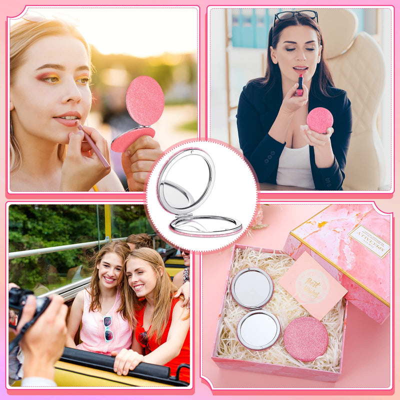 Weysat 12 Pcs Cute Pink Compact Mirrors for Women Galentine's Day, Small Magnifying Travel Makeup Mirror with Glitter, Mini Double-Sided Portable 2x/1x Magnification Folding Pocket, PU Leather, Gift
