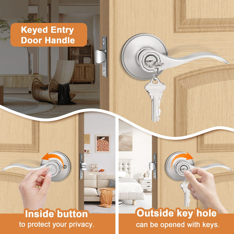 Probrico (2 Pack Wave Style Keyed Alike Entry Levers, Exterior Interior Satin Nickel Keyed Door Handles with Lock and Same Keys, Reversible for Right Left Handed Doors 2 Pack