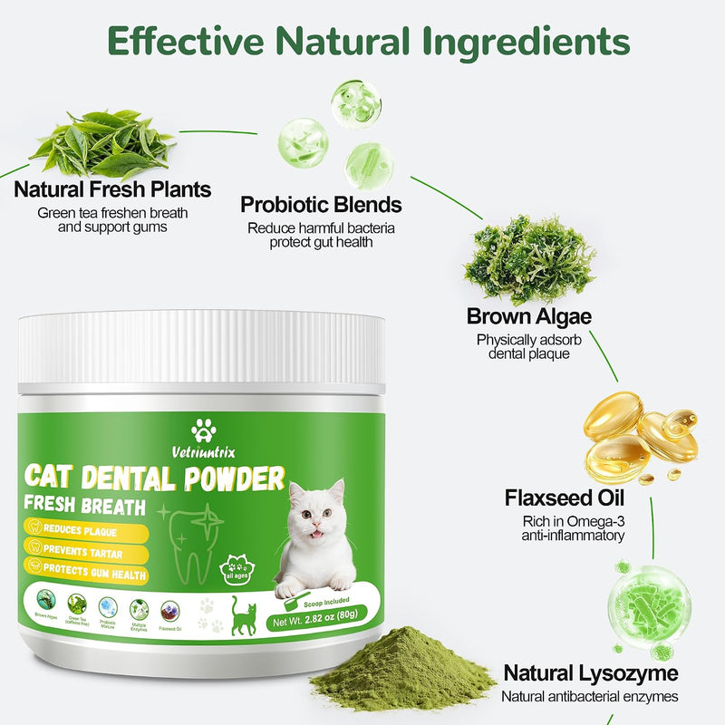 Jellico Pet Teeth Cleaning Powder for Cats – Dental Care Powder Prevents Tartar & Plaque Buildup, Freshens Breath, Oral Hygiene Supplement for Cats, 100g