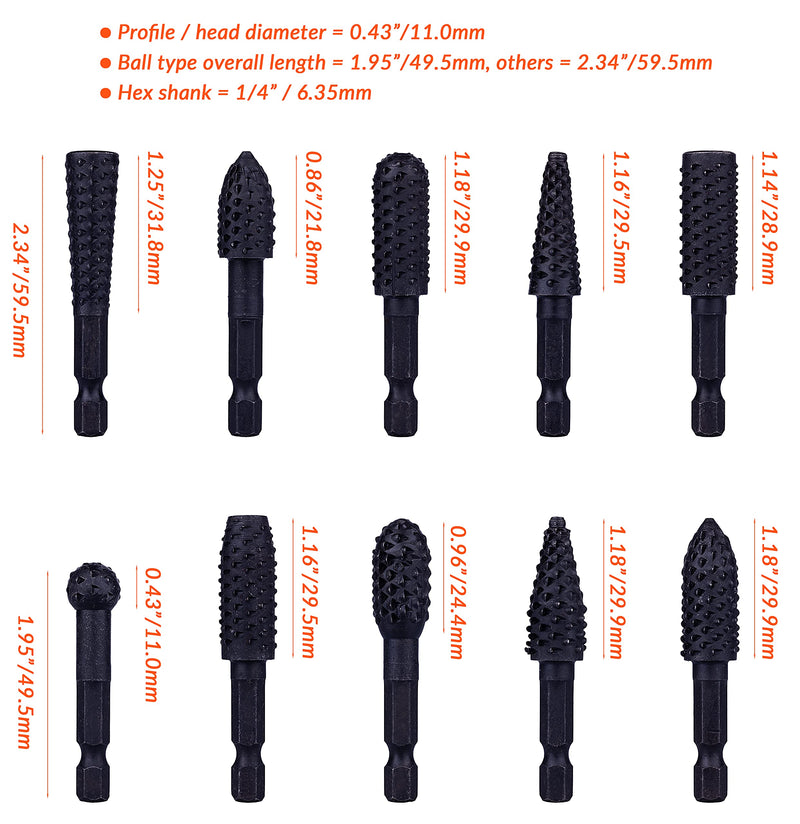 NordWolf 10-Piece Rotary Burr Wood Carving Rasp Files Set, with 1/4" Hex Shank for Wood & Rubber Deburring, Shaping and Grooving - NewNest Australia