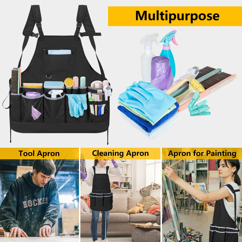Professional Cleaning Apron for Housekeeping, Water-resistant Cleaning Apron with Multiple Pockets for Women and Men, Adjustable Waist Apron for Cleaning Work Tools, Black