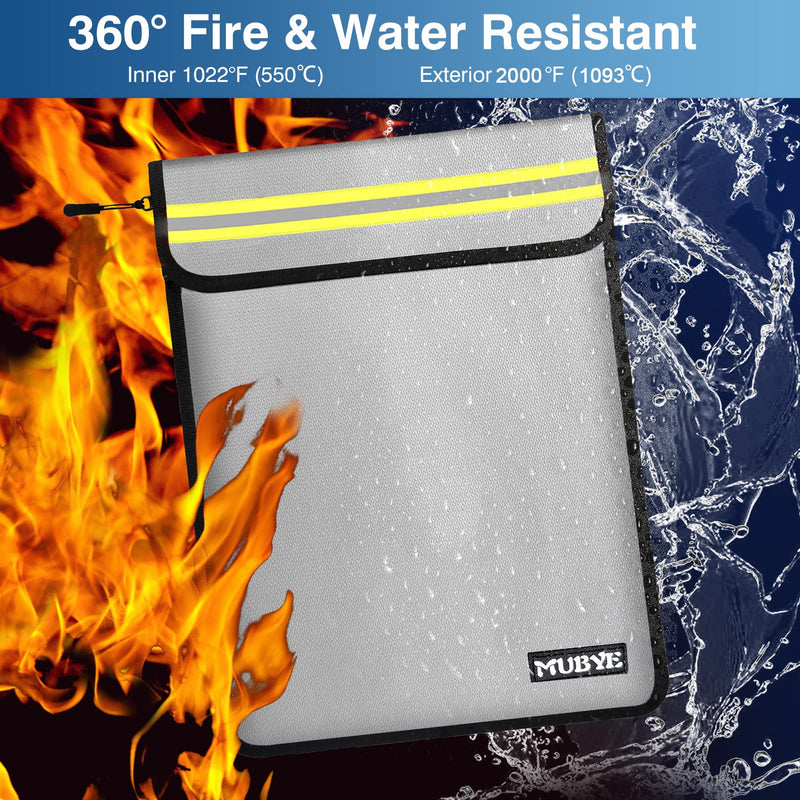 Fireproof Waterproof Money Document Bag - 15"x 11" Safe Zipper Bags with Reflective Strip, Fire & Water Proof Storage Organizer Pouch for Important Documents Holder,File,Cash,Passport,Tablet (Gray) Gray