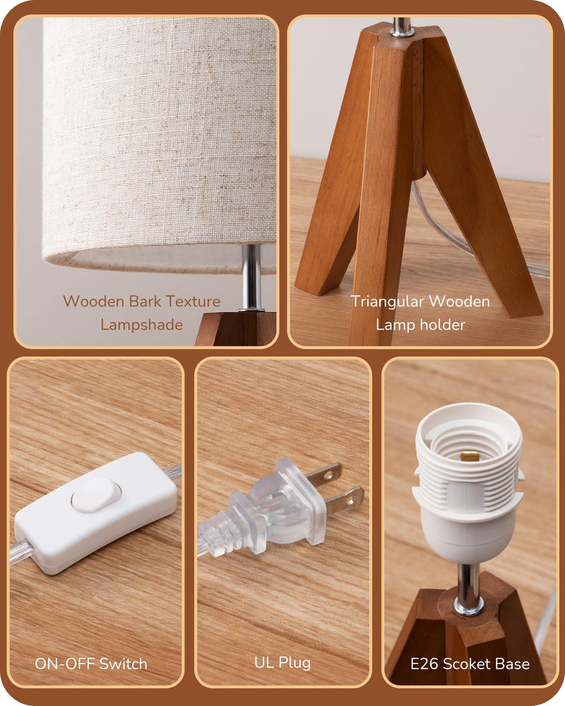EDISHINE Tripod Table Lamp, Small Cute Bedside Lamp with Linen Beige Lampshade, Nightstand Lamp for Nursery, Bedroom, Kid Room, Living Room, Light Brown Wooden Base, E26 Socket, 14.2 Inch Bohemian
