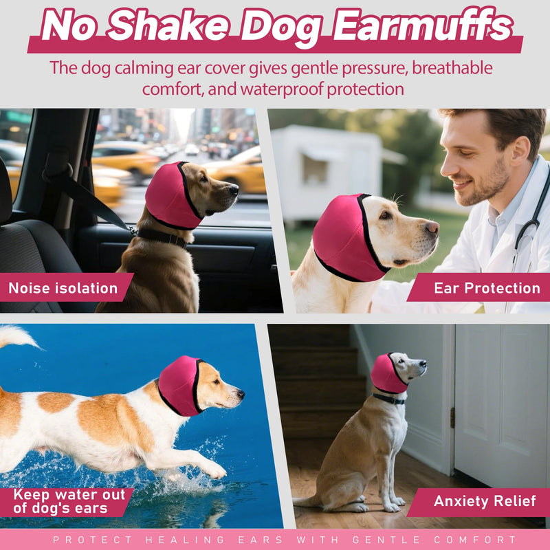 Dog Calming Hoodie Quiet Ear Cover for Noise Protection Anxiety Relief Ear Muffs, No Shake Ear Wraps for Dogs, Waterproof Swim Cap Bath Blow Dry Headband Wraps for Ear Hematoma Groom Fireworks(M,rose) Rose Red Medium(Head Circle:14"-19")