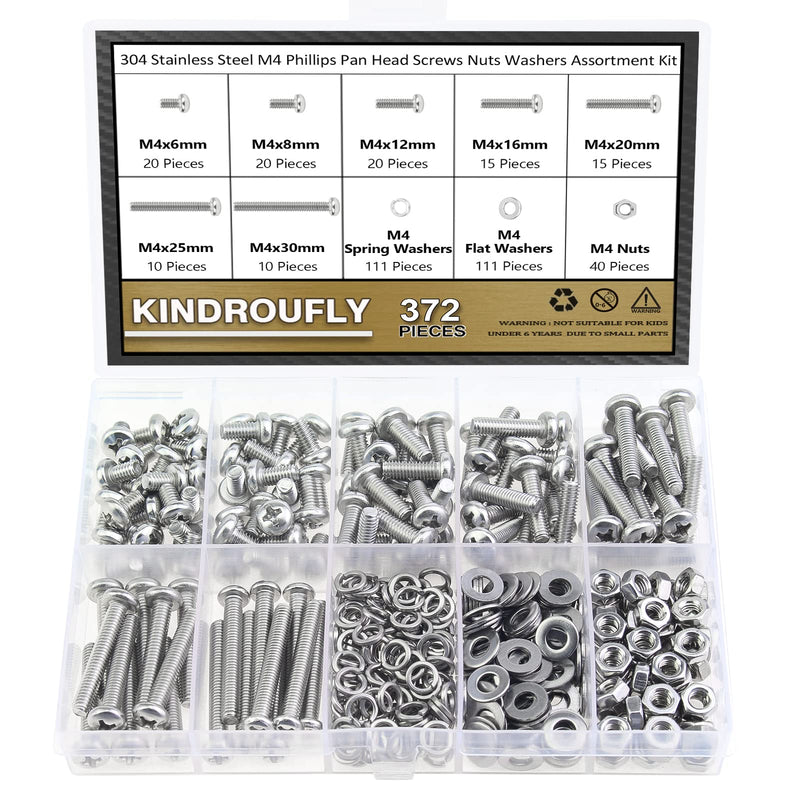 372 Pieces M4 x 6/8 /12/16 /20/25 /30mm Phillips Pan Head Machine Screws Nuts Washers Assortment Kit, 304 Stainless Steel, Fully Machine Thread