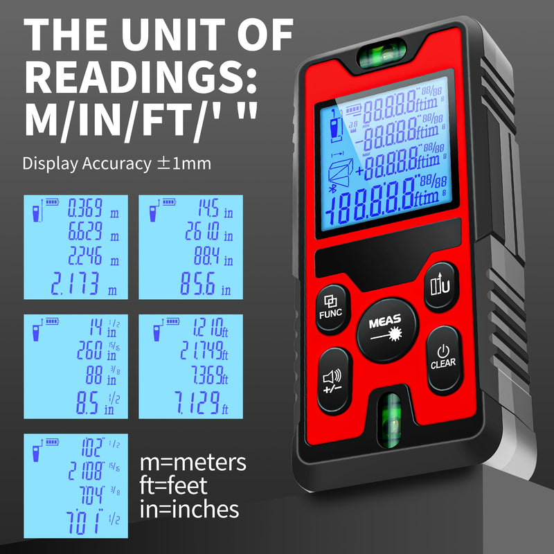 394ft/120m/4724 inches Digital Infrared Laser Distance Meter Distance/Area/Volume/Pythagorean/Double Pythagorean Measurement with 4-Digits&4 Readings Displaying Rechargeable