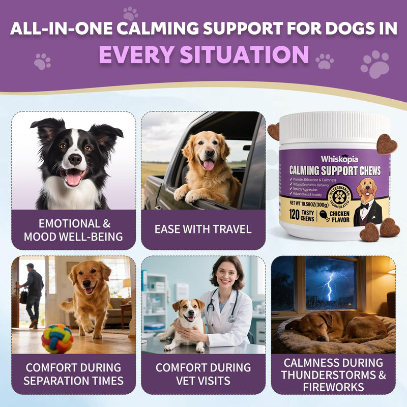 Calming Chews for Dogs Anxiety Relief Treats with Melatonin Sleep Aid Relaxing Bites Stress Relief During Fireworks, Travel, Barking, Thunder, Separation, Storms, Check-ups - 120 Ct