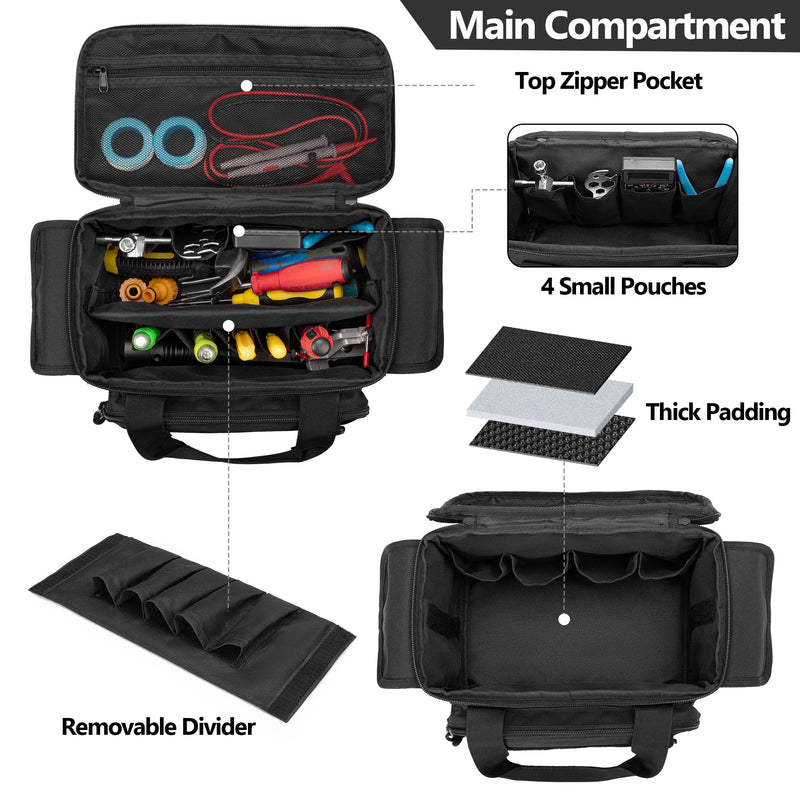 Small Tool Bag with Anti-friction and Thick Padded Bottom, Tool Storage Organizer for Men, Tactical Bag, Range Bag, Multi-functional Work Bag for Repairman, Electrician, Carpenters, Handyman Black