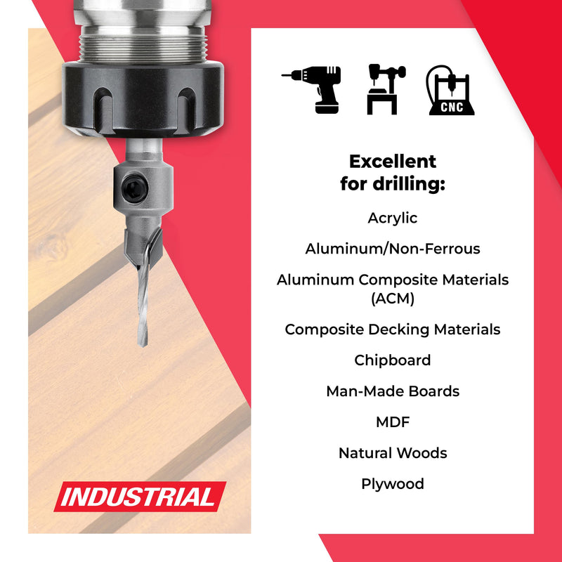Amana Tool Carbide Tipped Countersink Drill Bit, 55200, 4 Screw, 11/32 D x 3/32 Drill Dia x 5/16 Round Shank