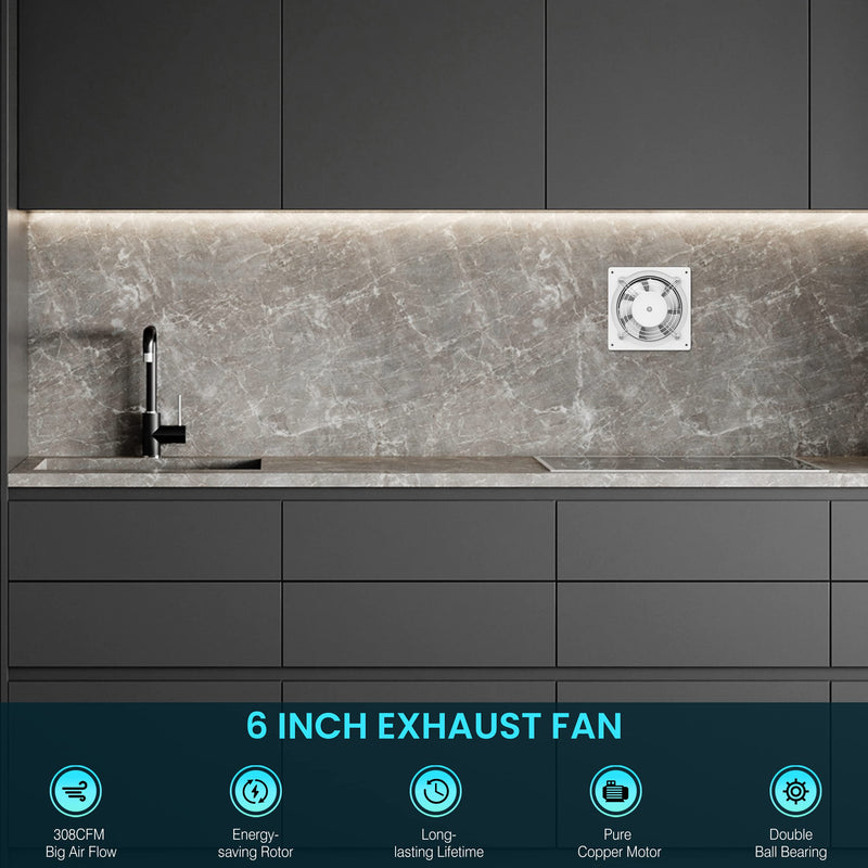 HG Power 6 Inch Kitchen Exhaust Fan, 308CFM Powerful Through Wall Basement Exhaust Fan, Wall Mount Bathroom Extractor Fan for Garage, Window Ventilation, White