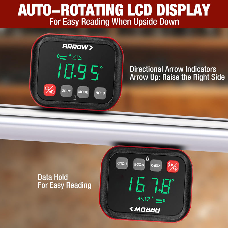 ARROW Digital Angle Gauge with Magnetic Base for Table Saw, Woodworking, Pipe Installation, ±0.1° Accuracy Angle Finder with Calibration, Dual Range, Auto-Rotating LCD Display with Audible Indicator