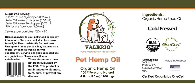Valerio Pets Hemp Oil for Dogs and Cats , 4 Oz , - Hemp Oil Drops with Omega Fatty Acids - Hip and Joint Support and Skin Health