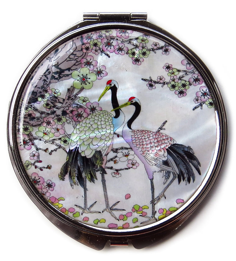 MADDesign Mother of Pearl Compact Mirror Round Double Sided Folding Magnify Crane Design