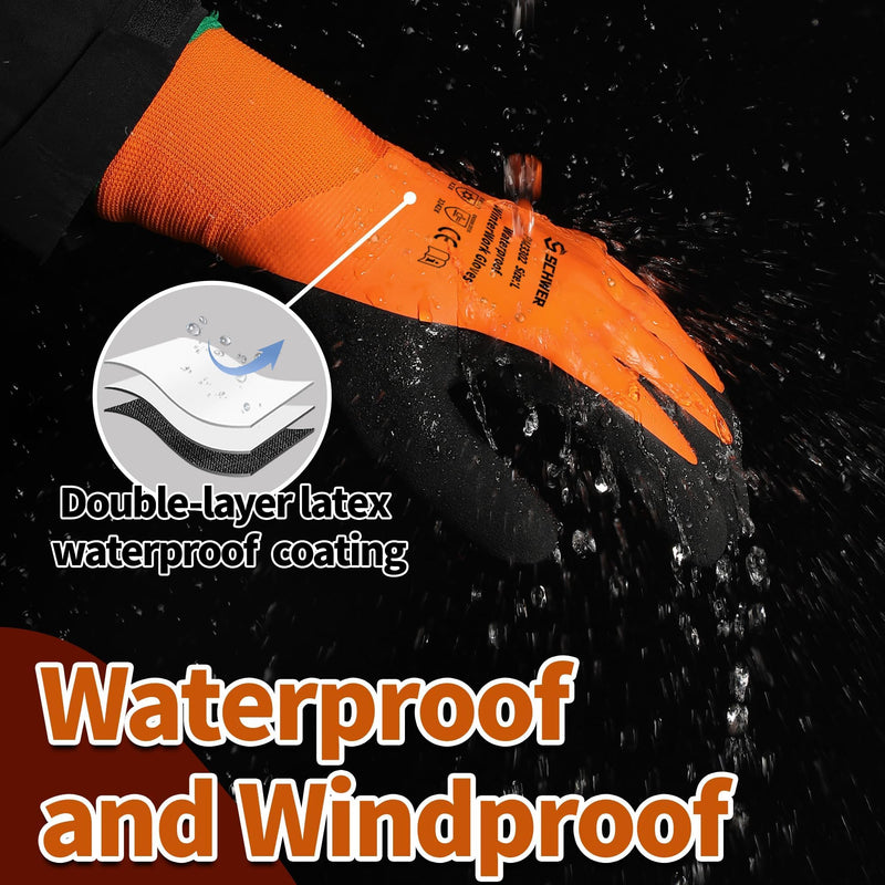 Schwer 2 Pairs FreezeGuard Winter Work Gloves, PFAS Free Waterproof Work Gloves, Freezer Gloves for Outdoor Cold Weather Keep Hands Warm, Waterproof Gloves for Shoveling Snow, Ice Fishing, L Orange Large (Pack of 2)