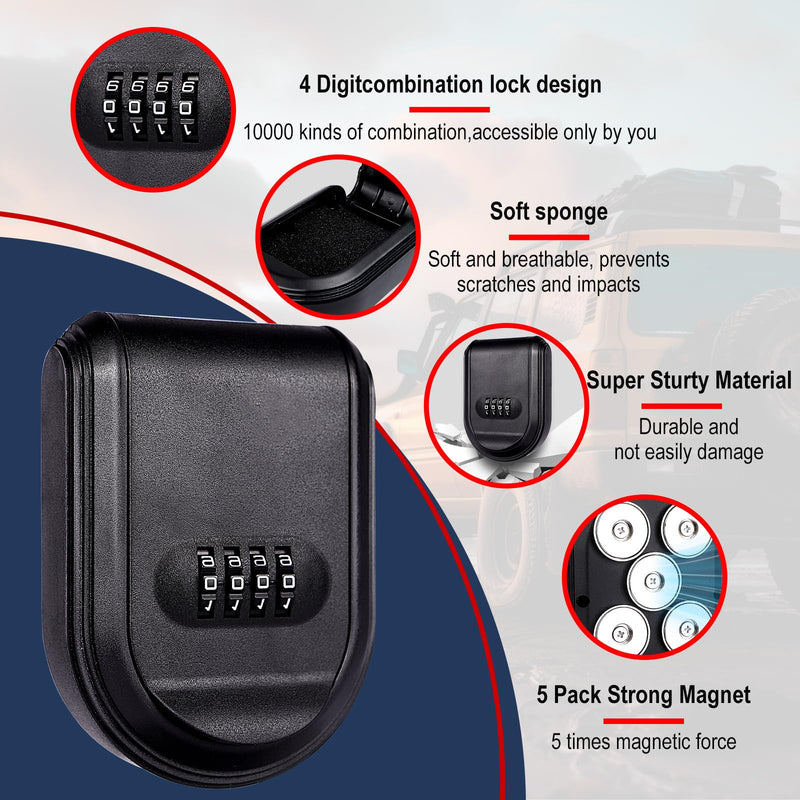 Magnetic Key Box for Under Car, Waterproof Outdoor Magnetic Key Holder with 5 Strong Magnets and Resettable Combination Lock for Vehicle or Home Use Black 1
