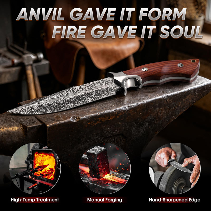 Purple Dragon Fixed Blade Knife with Leather Sheath – Hand Forged Camping Knife with Full Tang Rosewood Handle for Survival Outdoor Tasks, Gifts for Men Outdoor Enthusiasts