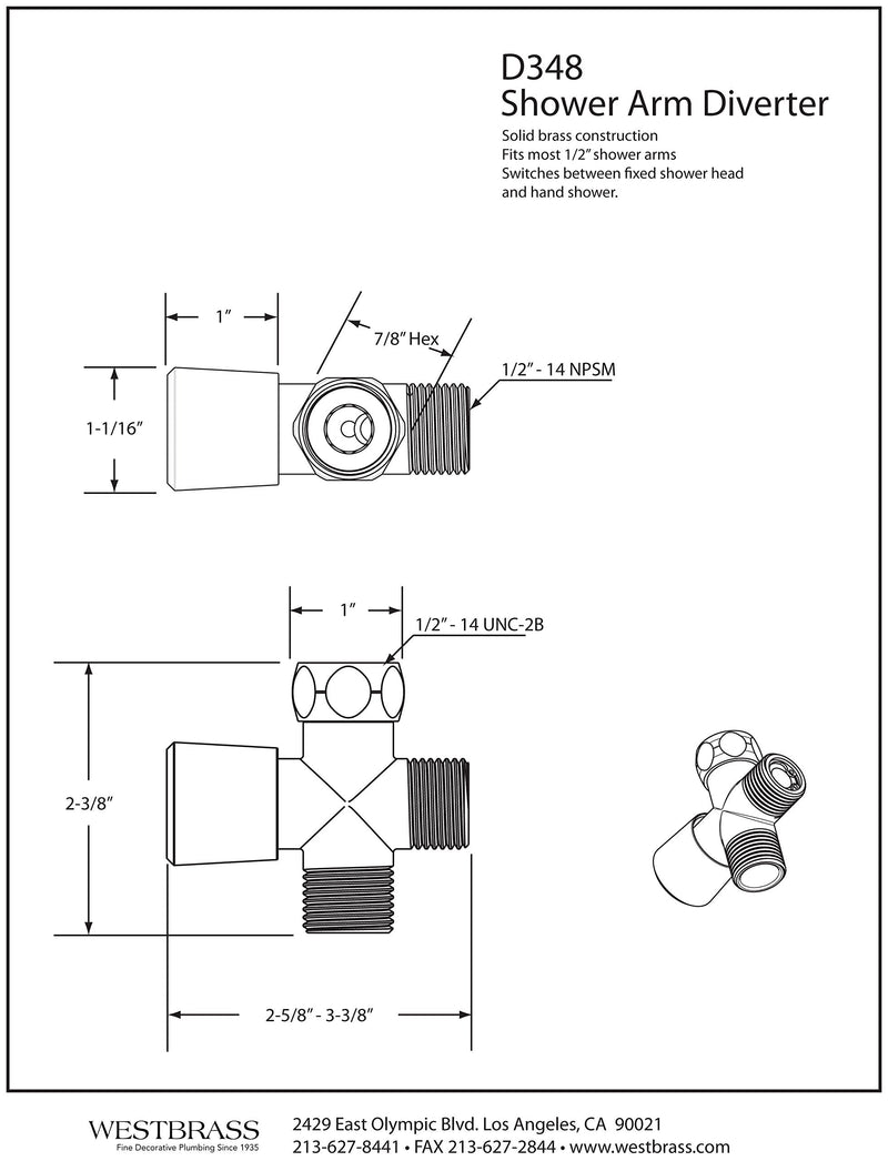 Westbrass R348-07 1/2" IPS Shower Arm Diverter Valve for Hand Held Showerhead and Fixed Spray Head, Satin Nickel
