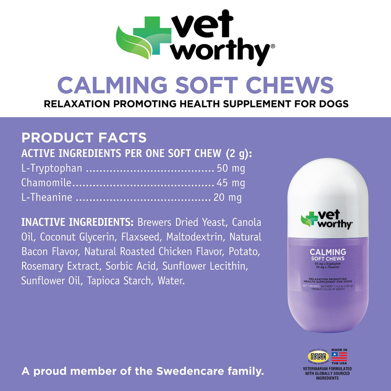 Vet Worthy Dog Calming Chews - Promotes Relaxation and Helps Reduce Stress in Pets with Tryptophan and L Theanine for Dogs - Calming Chews for Dogs Anxiety, Fireworks, and Travel - 60 Soft Chews