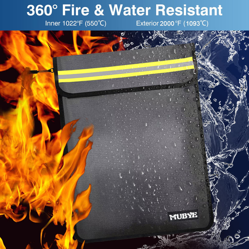 Fireproof Waterproof Money Document Bag - 15"x 11" Safe Zipper Bags with Reflective Strip, Fire & Water Proof Storage Organizer Pouch for Important Documents Holder,File,Cash,Passport,Tablet (Black) Black