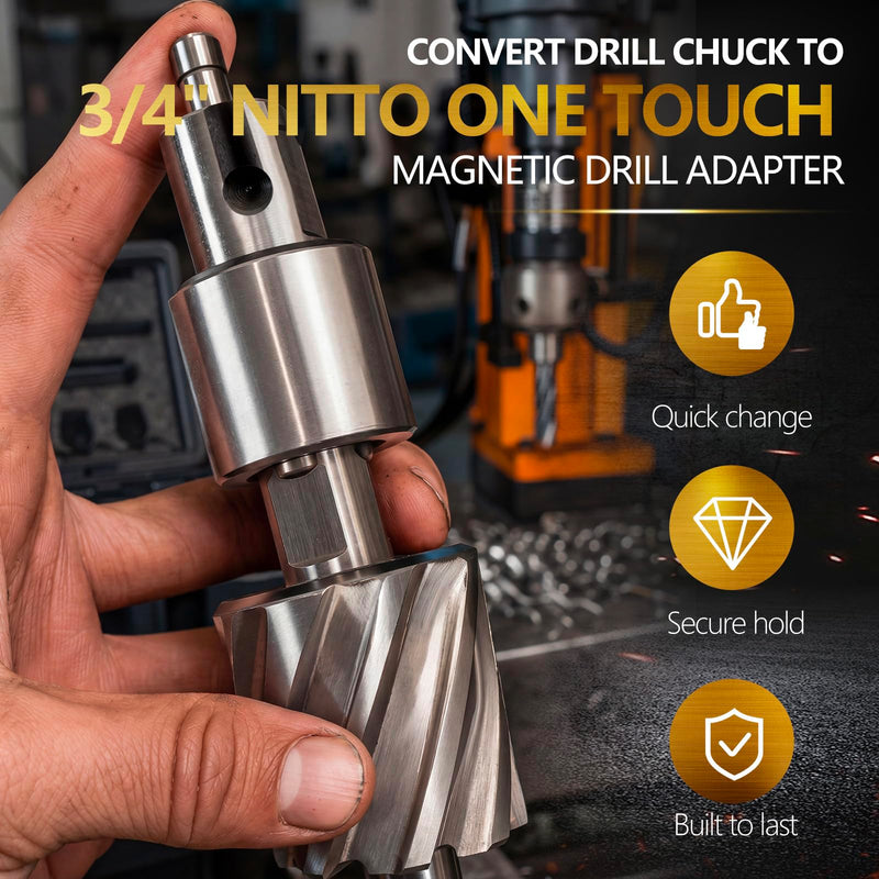 Industrial Tools 3/4" Weldon Shank to 3/4" One Touch Shank Adapter, Quick Change Annular Cutter Adapter, for Magnetic Drill Milling Machine, Heavy Duty Steel, Precision Fit with Pilot Bore