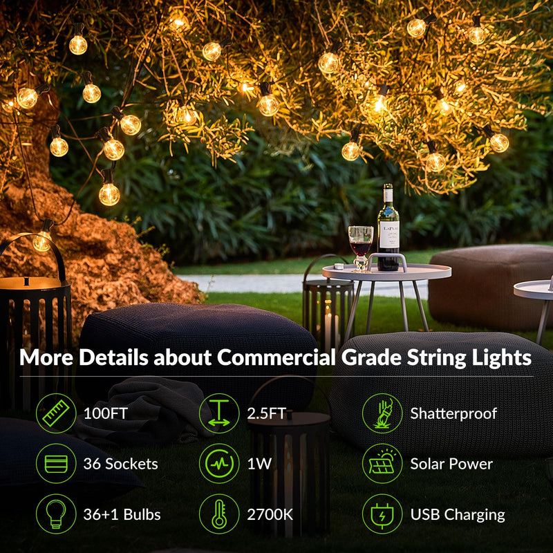 Lakumu 100FT G40 Solar String Lights Outdoor Waterproof, Globe Outdoor String Lights with 36+1 LED Shatterproof Bulbs, 2700K Patio Lights Solar Powered Hanging Lights for Outside Camping Backyard 100FT-36T