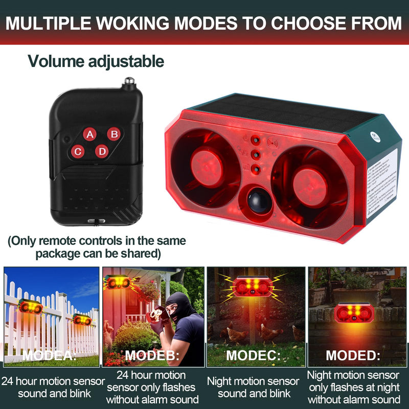 Qualirey 2 Pcs Solar Outdoor Motion Sensor Alarm Motion Sensor Animal Deterrent Dog Barking Alarm 13 Sound 130db Loud Noise Maker 4 Mode with USB Remote Control Support Recording Volume Adjustment