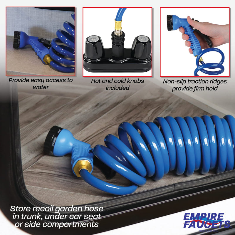 Empire Faucets CRD-BKQDC5-15CHSPRY RV Potable Water Hose Set - 15' Coil Hose with 4" Black Quick Disconnect and 7-Function Sprayer