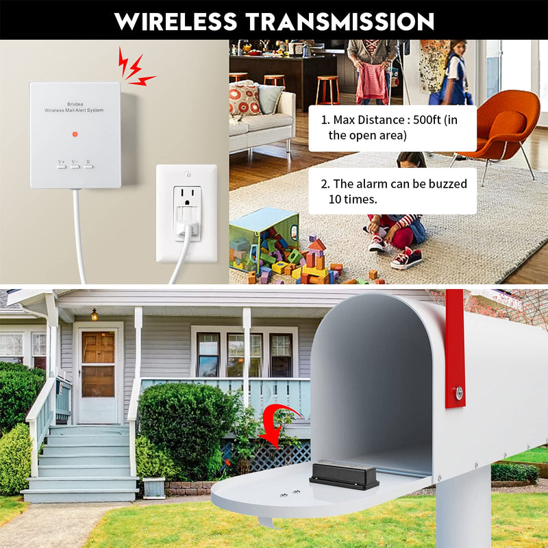 Mailbox Alarm, Briidea 500ft Wireless Mailbox Alert with LED Light Flashing and Sound Reminders 01