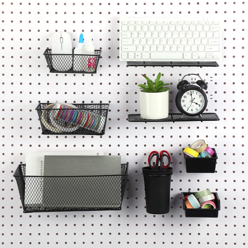 30 Pcs Pegboard Accessories Organizer Kit Includes Pegboard Storage Basket, Peg Board Shelf, Organizer Bins, Organizer Cup with Cup Holder for Pegboard Organizing Various Tools, Black