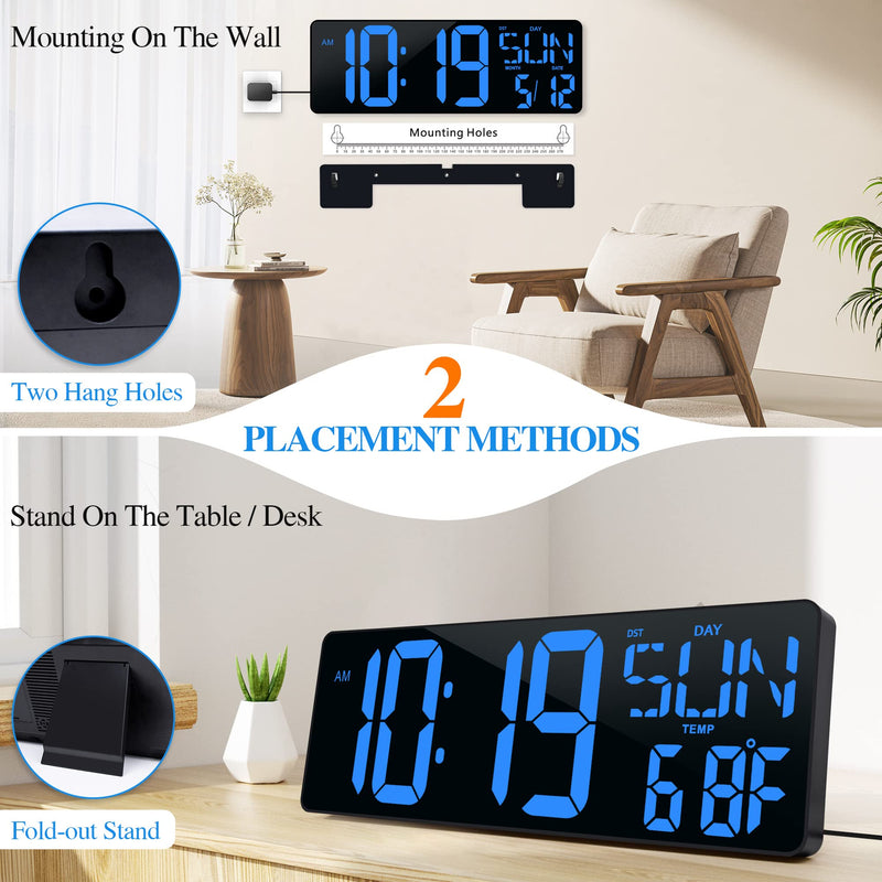 Large Digital Wall Clock with Remote Control 17.2" LED Large Display Timer with Temperature Date Week Auto DST Adjustable Brightness, Big Wall Alarm Clock for Living Room Office Garage Gym Seniors 17.2in Blue