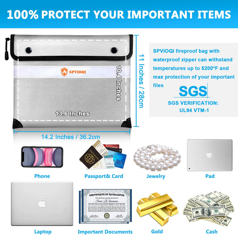 Upgraded Fireproof Document Bag 5200°F, 14.2” X 11” Waterproof Fireproof Bags with Zipper, 8 Layers of Heat Insulated Materials, Fireproof Money Bag for Cash, Documents and Valuables fire bags Silver Gray 14.2" x 11" - NewNest Australia