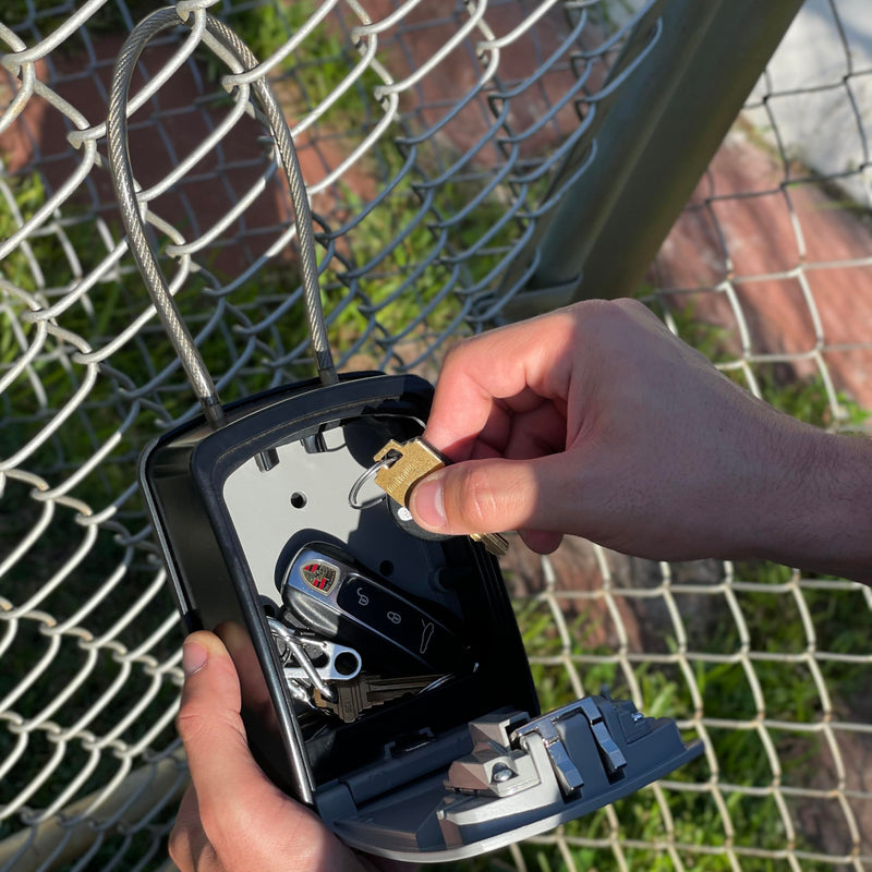 Iron Lock® Key Lock Box Portable with Cable Shackle & Wall Mount – Waterproof Heavy Duty Metal Lock Box for Keys with 4-Digit Combination Code on Door Knob, Fence, Pipe or Gate Extra Large (Grey, XXL) 2X-Large Portable Cable Grey