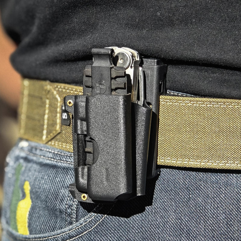 Kydex Multitool Sheath for Leatherman Surge, Bit Kit Holder and 2 Belt Clip | 1.5 mm rigid shell; adjustable retention; removable flint stick; horizontal and vertical carry