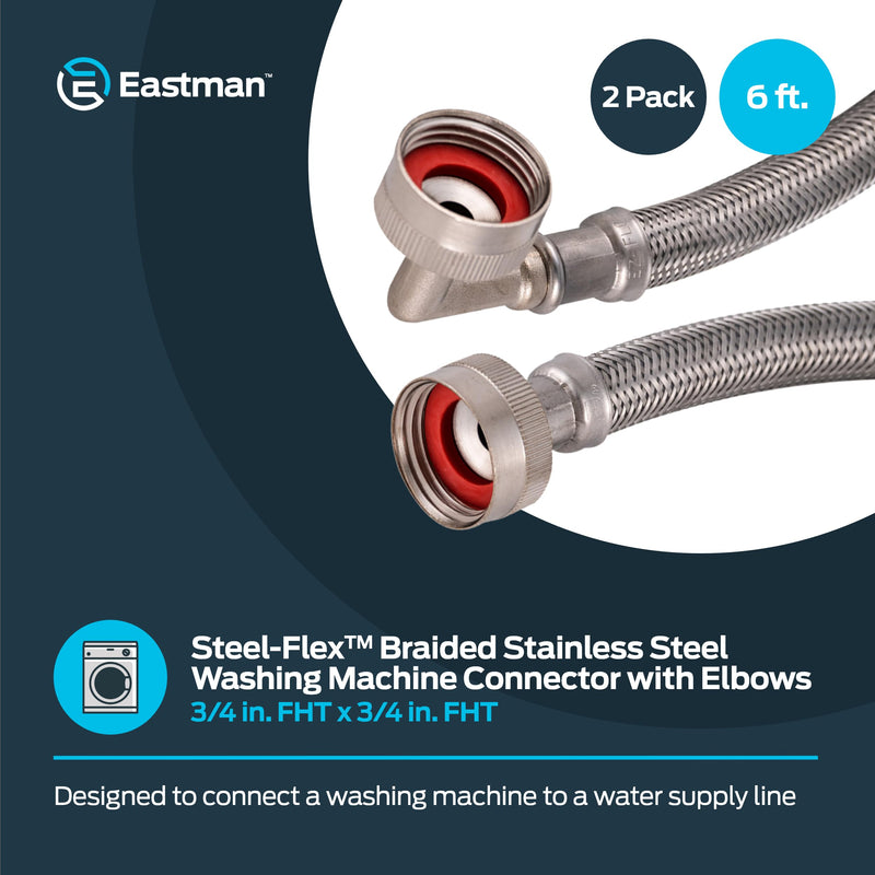 Eastman 6 Feet Washing Machine Hose with 90-Degree Elbow, Pack of 2, 3/4 Inch FHT x 3/4 Inch FHT, Braided Stainless Steel with Nickel-Plated Brass Nuts, 41066 6 ft., 2 Pack