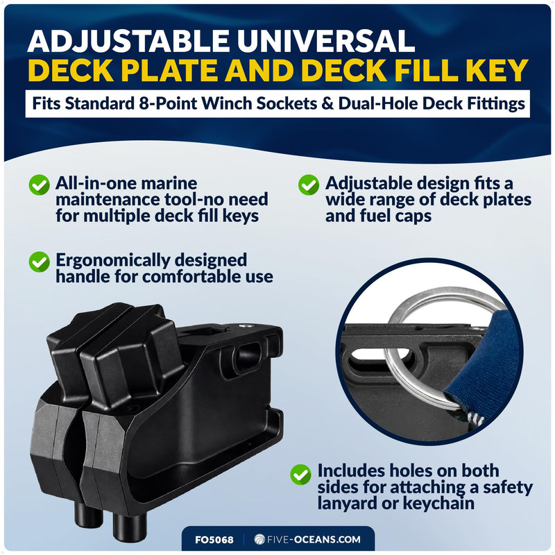 Five Oceans Adjustable Universal Deck Plate and Deck Fill Key – Marine Deck Fill Tool, 8-Point Winch Socket, Dual-Hole Fit, Adjustable to 4-5/16" (110 mm), Heavy-Duty Nylon