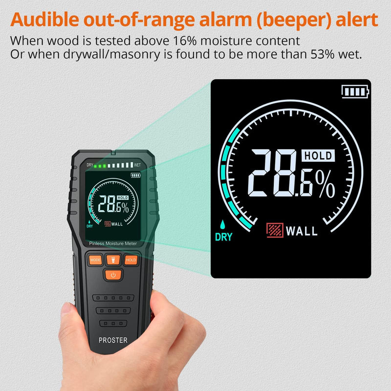 Proster Pinless Wood Moisture Meter - Non Destructive Moisture Tester for Wood Wallboard Masonry, Detect up to 3/4 Inch Below Surface, Backlit Color LCD, Visual Audible Alarm BLACK