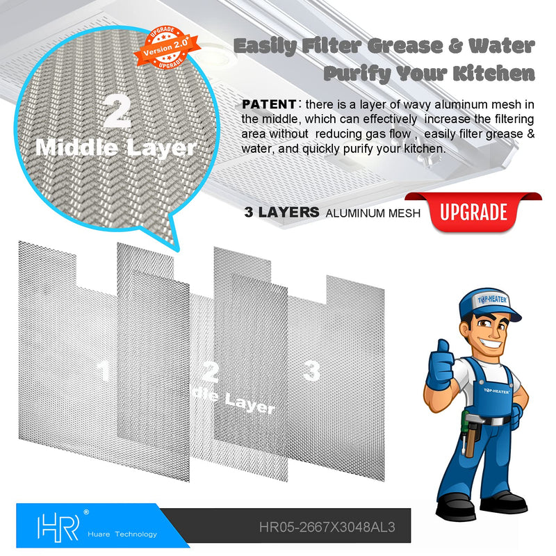 Upgraded W10169961A Range Hood Filter Replacement, Fits Whirlpool, Ikea, Kitchen Aid, Jenn Air, Aluminum Mesh Hood Grease Filter 10.5x12Inch, HR Huare Technology Aluminum Range Hood Vent Filters,2PCS 2PCS
