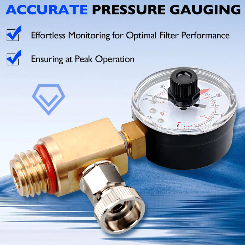 24850-0105 Brass Air Relief Valve and Pressure Gauge Assembly Fit for Sta-Rite System 3 Pool & Spa Cartridge Filters - Durable Brass Valve & Dial Gauge for SM, SD, SS Series Models - Easy to Install