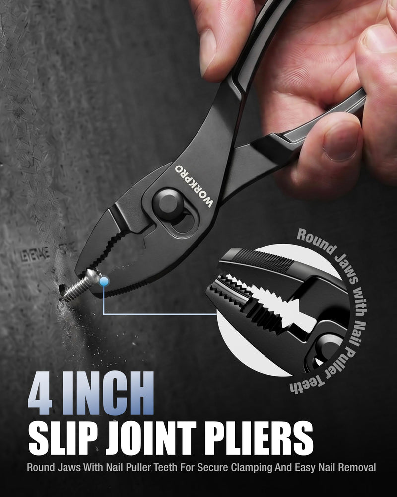 WORKPRO 4-Piece Mini Pliers Set with Pouch, Pocket Pliers Gift for Man | 4-Inch Plier Wrench, Slip Joint Plier, Water Pump Plier, 4.5-Inch Long Nose Slip Joint Plier, Alloy Steel, Anti-Rust Coating Black 4-Pieces Pliers Set